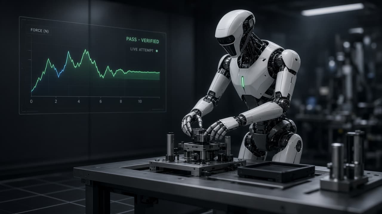 Humanoid robot performing a precision task at a workbench while live attempt verification is shown on a monitor